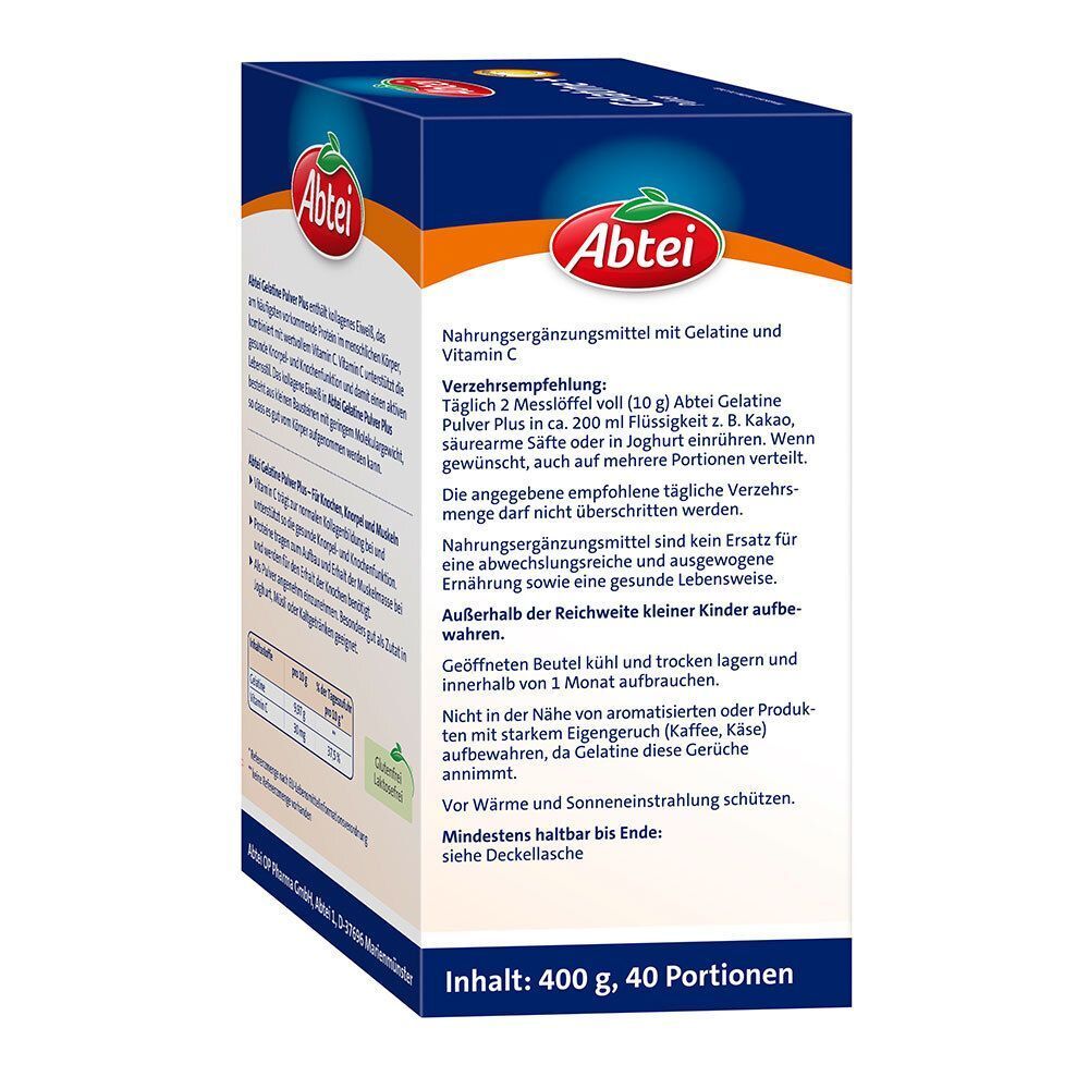 Rückseite der Abtei Gelatine Pulver Plus Verpackung. Text mit Verzehrempfehlung und Lagerhinweisen.