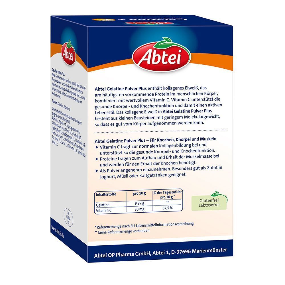 Abtei Gelatine Pulver Plus Verpackung. Text mit Inhaltsstoffen und Nährwertangaben. Glutenfrei-Siegel.