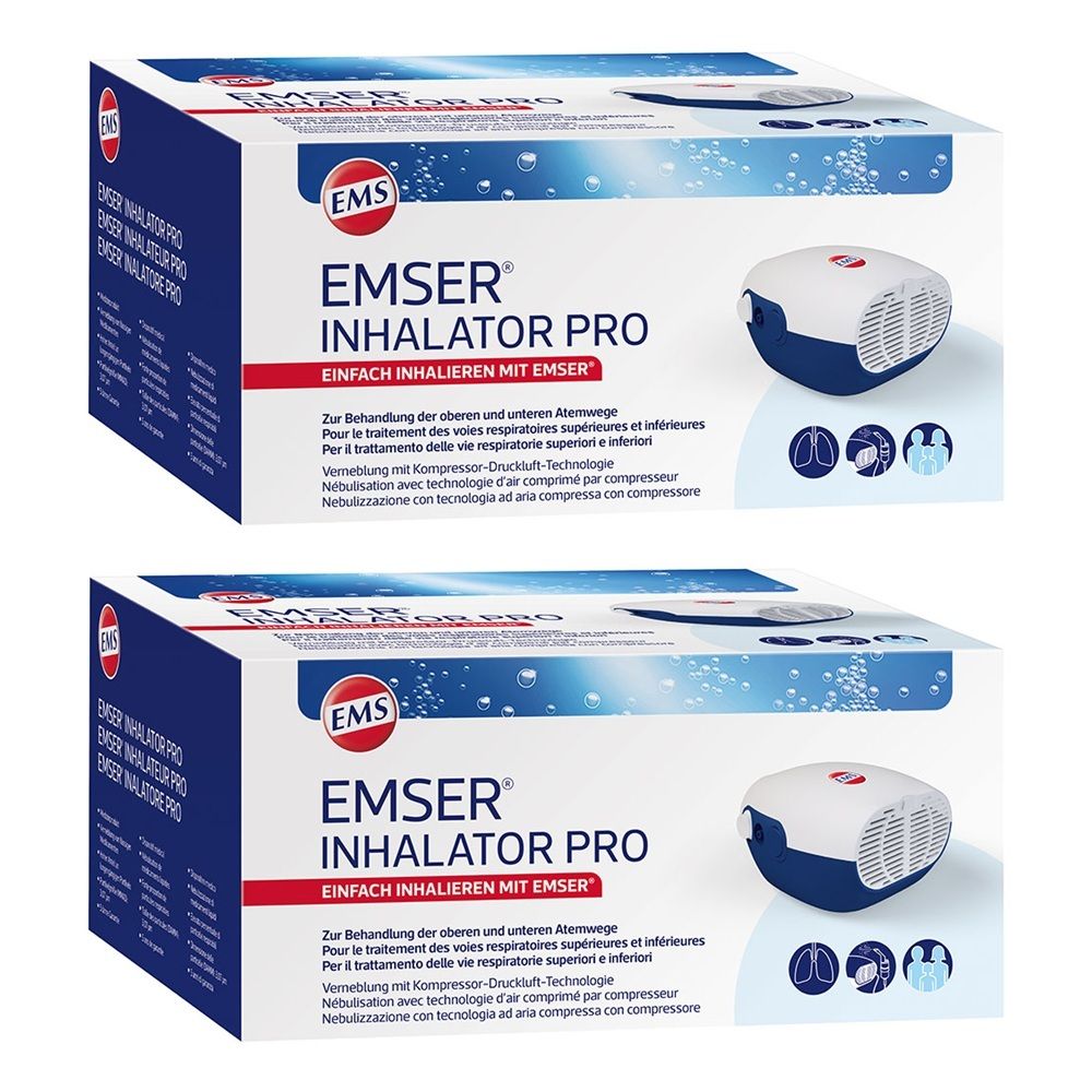 Zwei Packungen des EMSER Inhalator Pro mit weiß-blauem Gerät und Zubehörsymbolen.