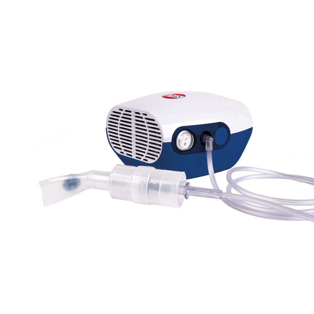 EMSER Inhalator Pro: weiß-blaues Kompressor-Inhalationsgerät mit Mundstück und Schlauch.