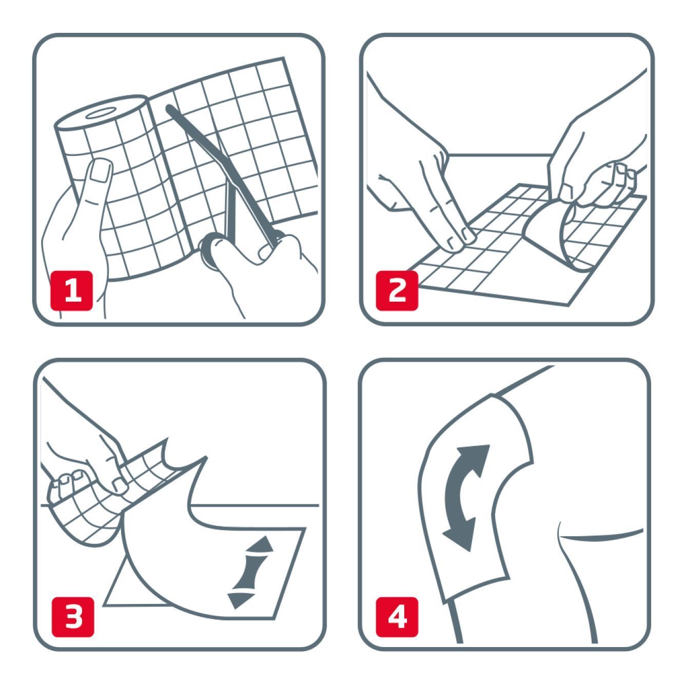 Anleitung in vier Schritten zur Anwendung des Verbands. Raster auf dem Trägerpapier, Zuschneiden, Anbringen.