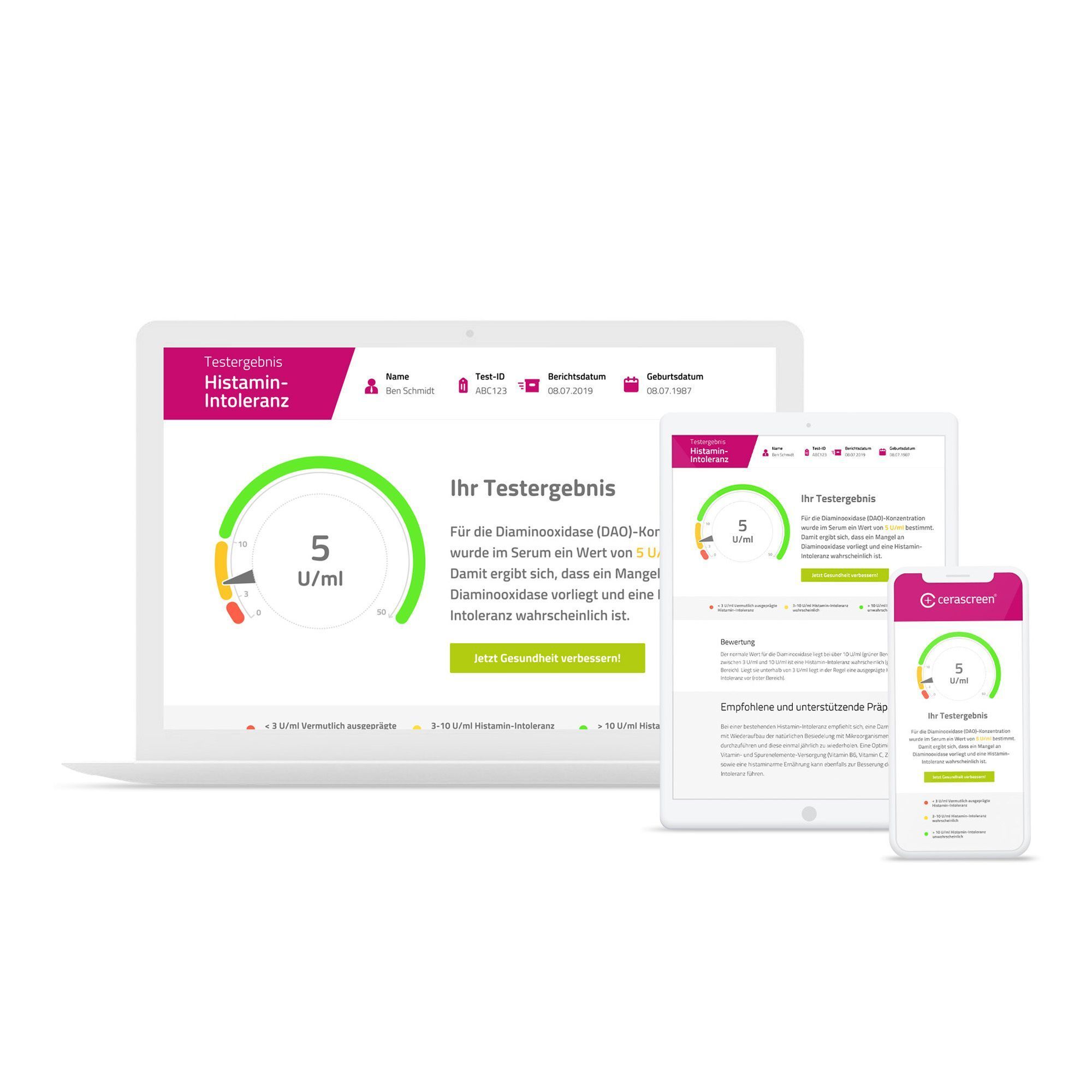 Testergebnis-Anzeige auf Laptop, Tablet und Smartphone. Grafische Darstellung mit grüner Anzeige.