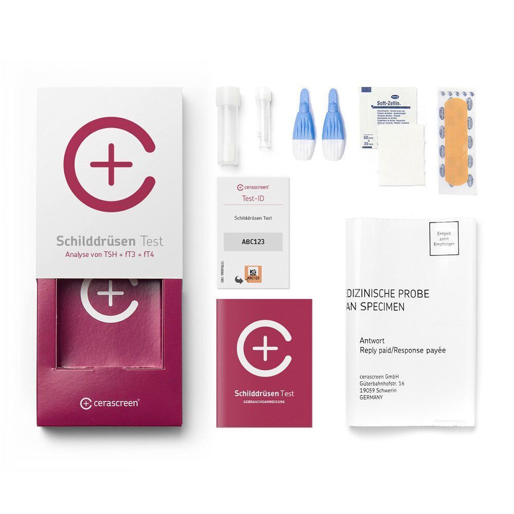 Geöffnete Testpackung mit Test-ID, Probenröhrchen, Lanzetten, Pflaster und Anleitung. Logo und Schriftzug "Schilddrüsen Test".