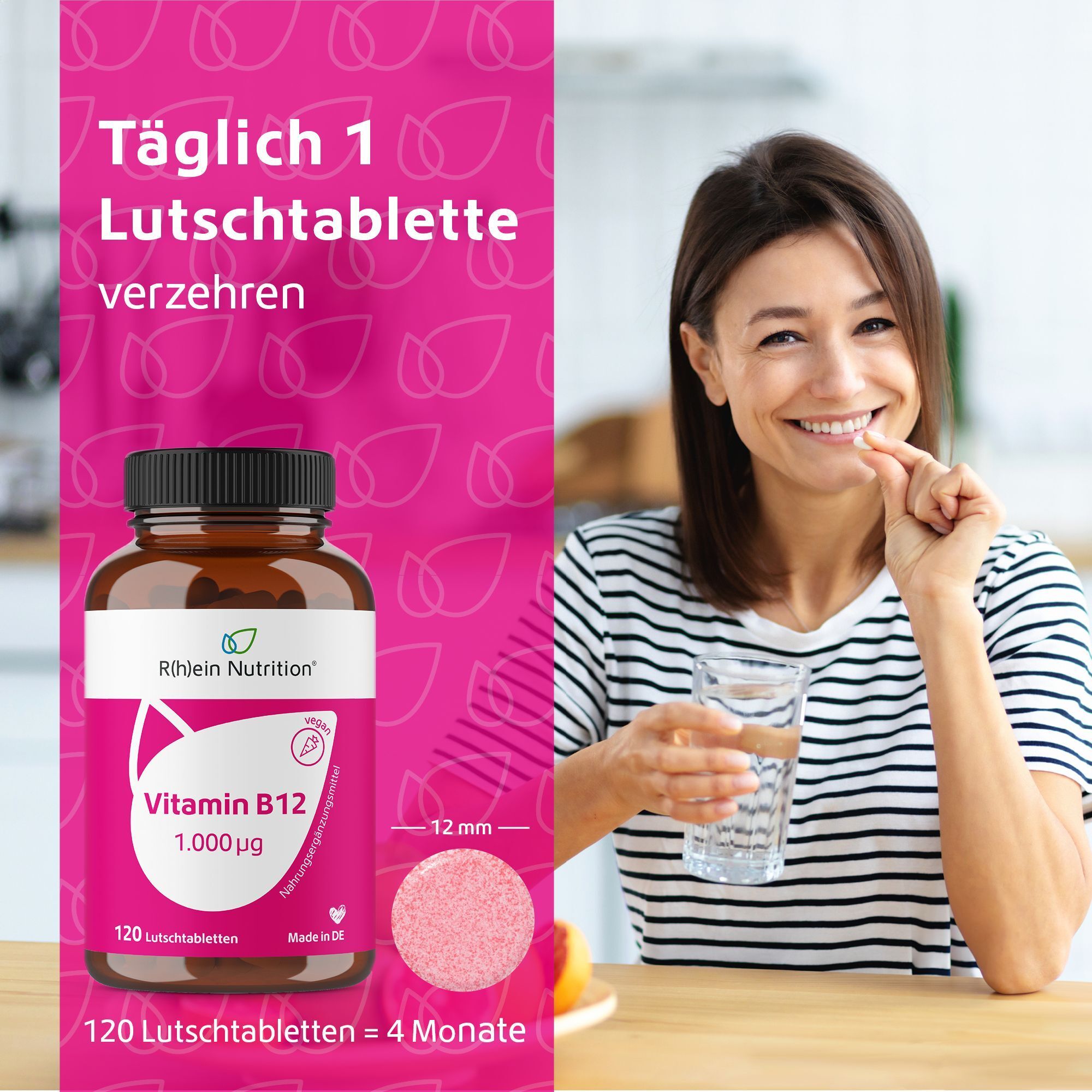 Frau nimmt Tablette. Flasche Vitamin B12. Pinkfarbener Hintergrund. Tablette: 12 mm Durchmesser.