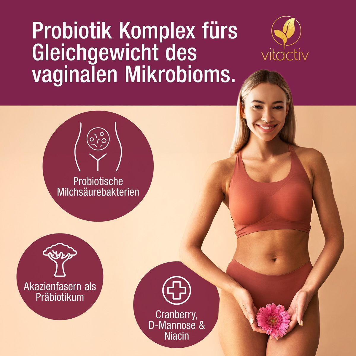 Frau mit rosa Oberteil und Hose. Grafiken: Milchsäurebakterien, Akazienfasern, Cranberry, D-Mannose & Niacin. Marke vitactiv.