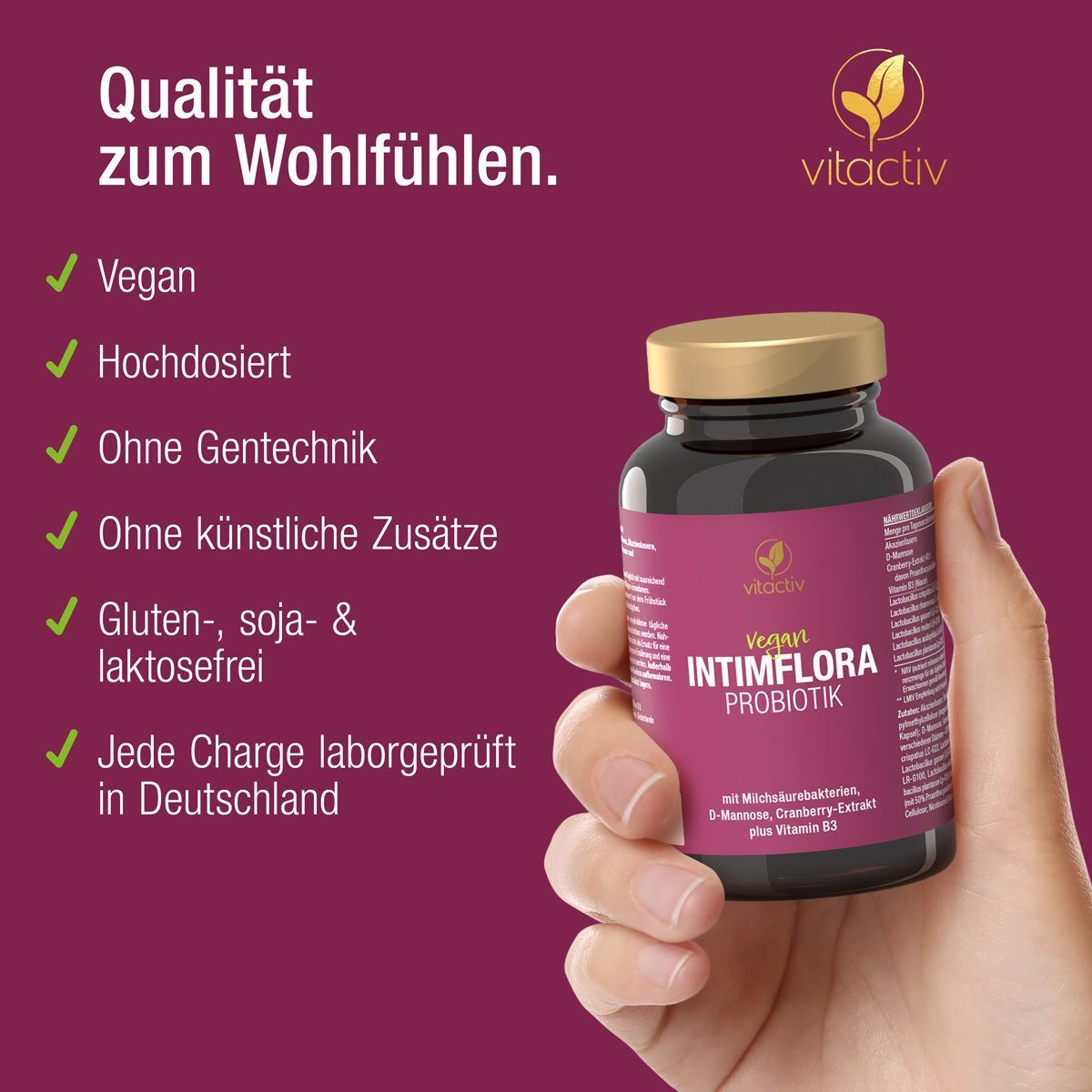 Hand hält eine Flasche INTIMFLORA Probiotik. Lila Etikett, weiße Schrift. Text: Vegan, ohne Gentechnik, glutenfrei. Marke vitactiv.