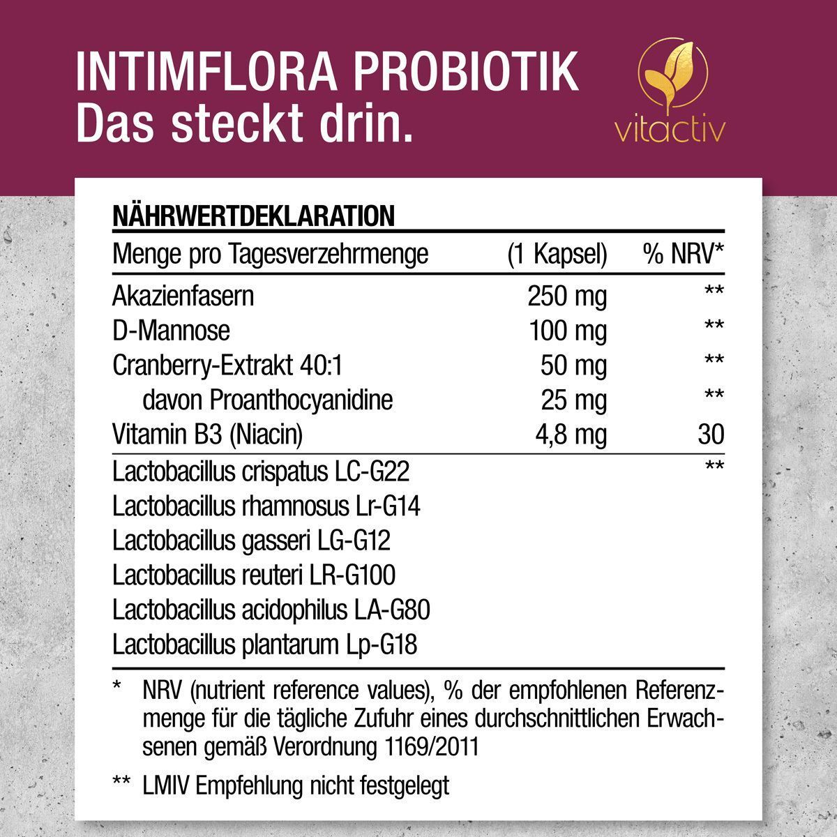 Nährwertdeklaration für INTIMFLORA Probiotik. Inhaltsstoffe: Akazienfasern, D-Mannose, Cranberry-Extrakt, Vitamin B3. Marke vitactiv.