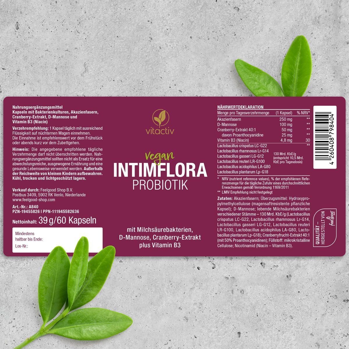 Verpackung von INTIMFLORA Probiotik. Lila Etikett, weiße Schrift. Enthält 60 Kapseln. Marke vitactiv.
