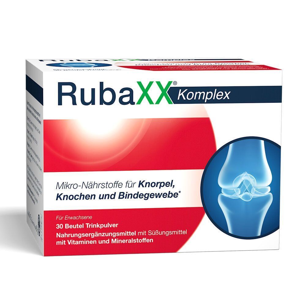 RUBAXX Komplex-Packung. Rote und weiße Schachtel mit Produktnamen und Knie-Illustration. Text: Mikro-Nährstoffe für Knorpel, Knochen und Bindegewebe.