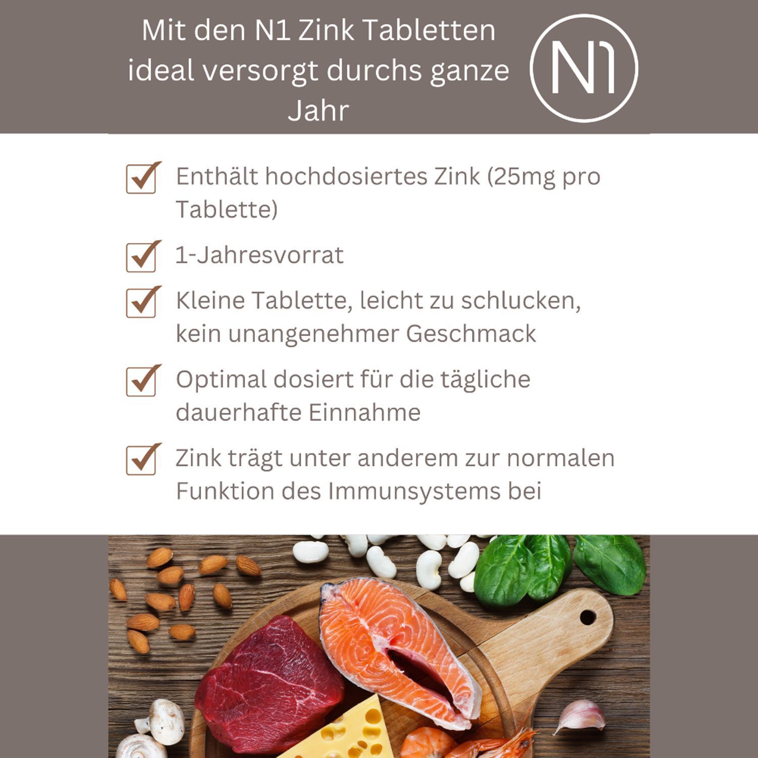 Text mit Aufzählungspunkten. Enthält hochdosiertes Zink, 1-Jahresvorrat, kleine Tabletten, optimal dosiert, unterstützt Immunsystem.