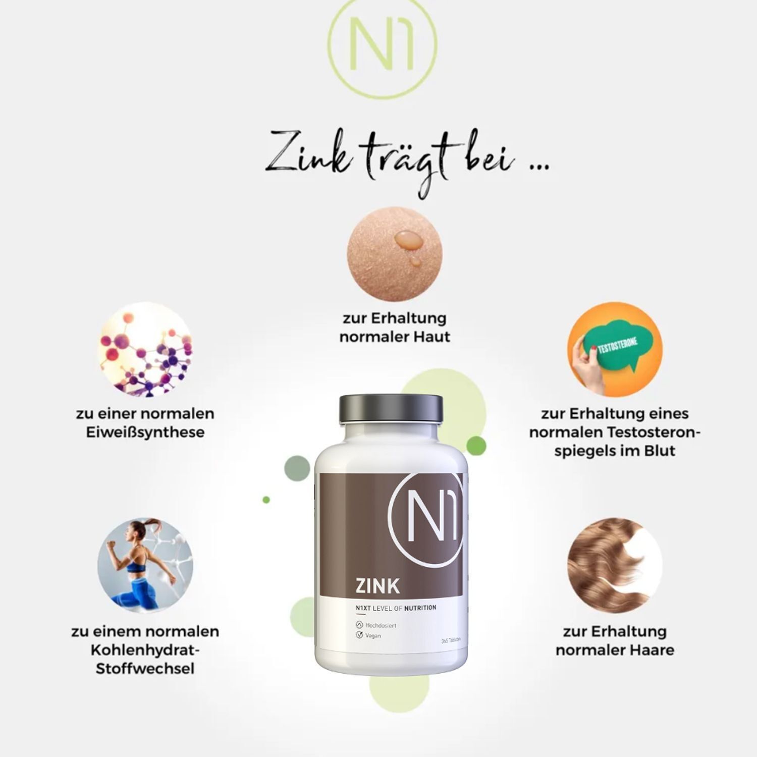 Grafik mit einer Flasche und Kreisen. Zink trägt bei zur Erhaltung normaler Haut, Haare, Testosteronspiegel, Stoffwechsel.