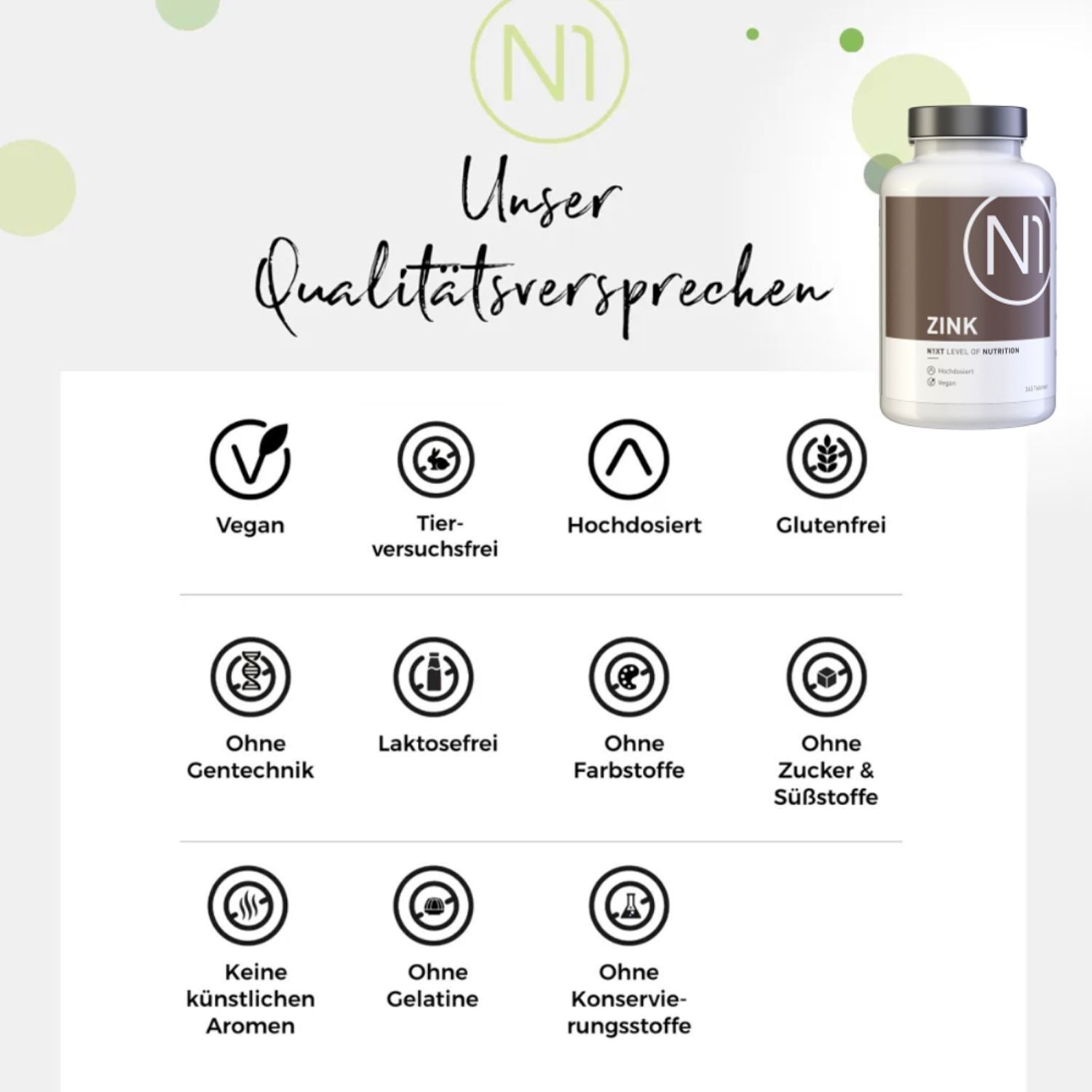 Qualitätsversprechen: Vegan, tierversuchsfrei, hochdosiert, glutenfrei, ohne Gentechnik, laktosefrei, Farbstoffe, Zucker, Aromen, Gelatine, Konservierungsstoffe.