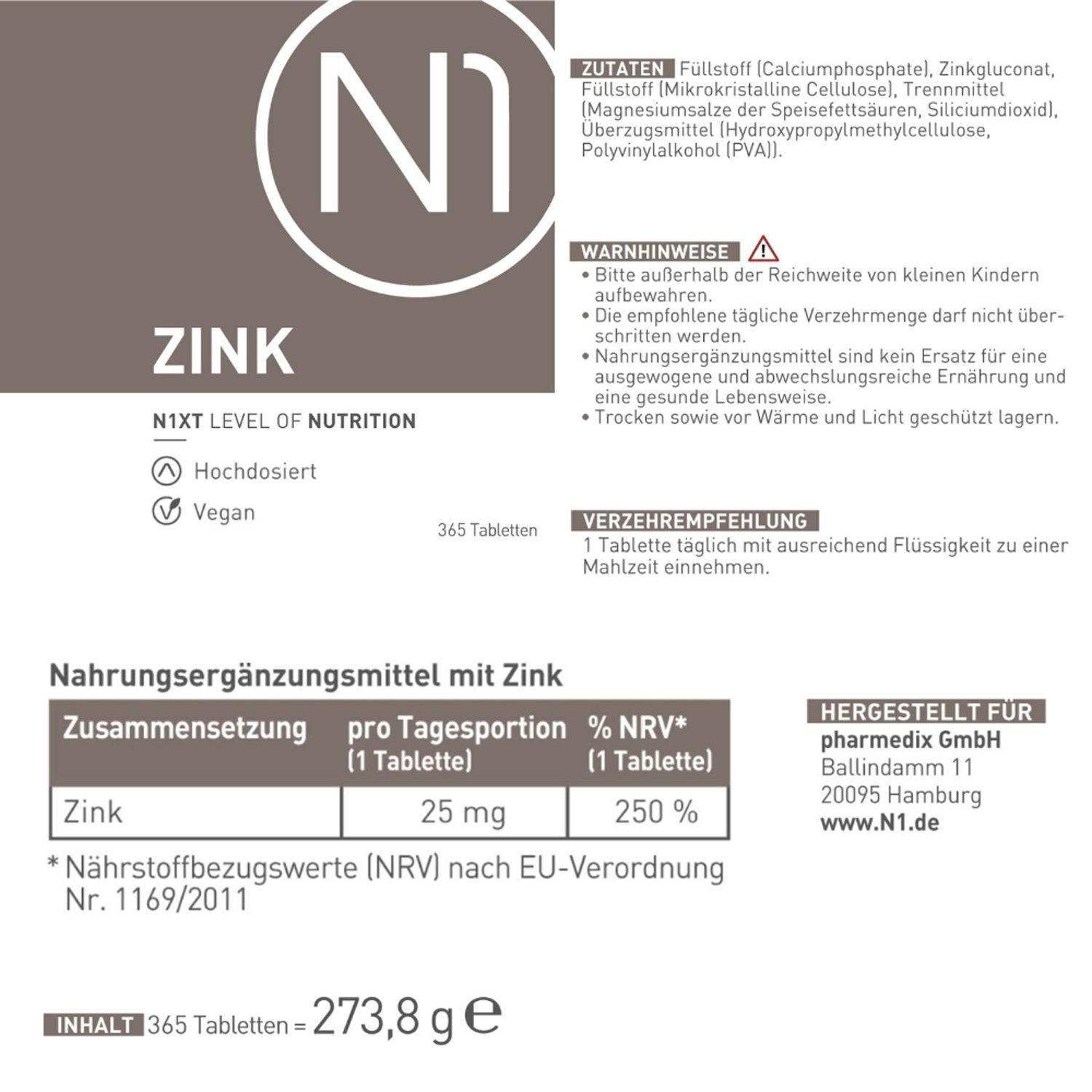 Produktinformationen: Zutaten, Warnhinweise, Verzehrempfehlung, Nährwertangaben. 25 mg Zink pro Tablette, 250% NRV. Hergestellt von pharmedix GmbH.