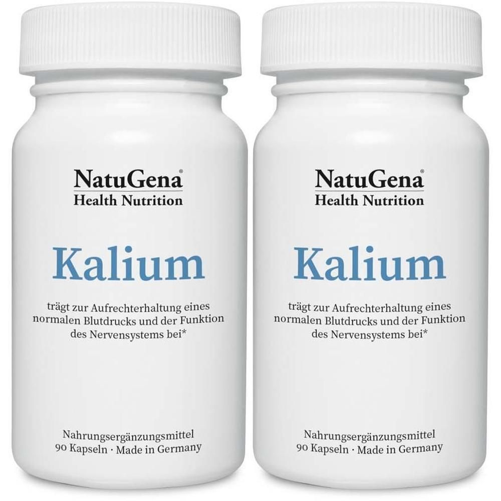 Zwei weiße Flaschen mit dem Produktnamen "Kalium". Aufschrift: NatuGena Health Nutrition. Text: Trägt zur Aufrechterhaltung eines normalen Blutdrucks...