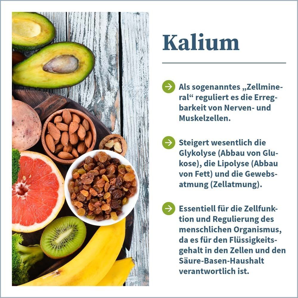 Verschiedene Lebensmittel: Avocado, Mandeln, Rosinen, Grapefruit, Kiwi, Banane. Text: Kalium. Erläuterungen zu Kalium und dessen Wirkung.