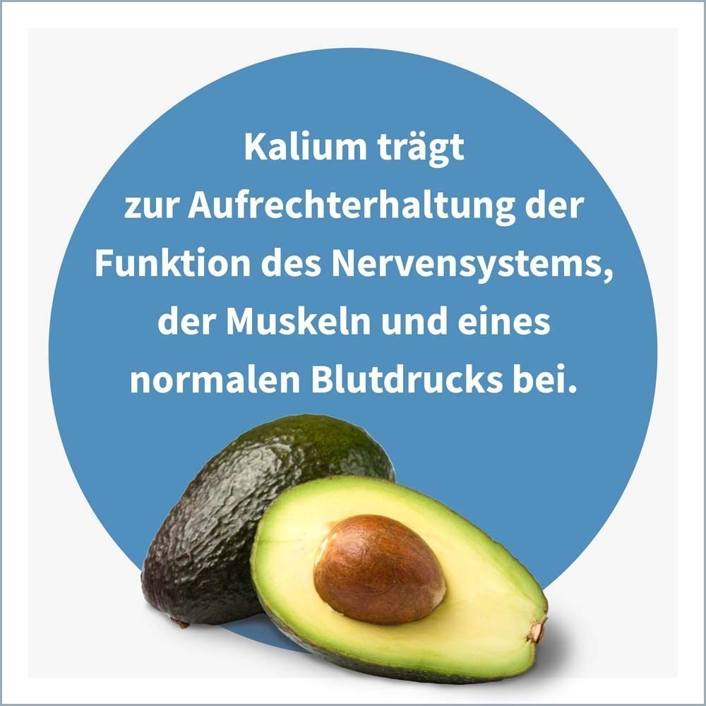 Blaue Kreis mit Text: Kalium trägt zur Aufrechterhaltung der Funktion des Nervensystems, der Muskeln und eines normalen Blutdrucks bei. Avocados.