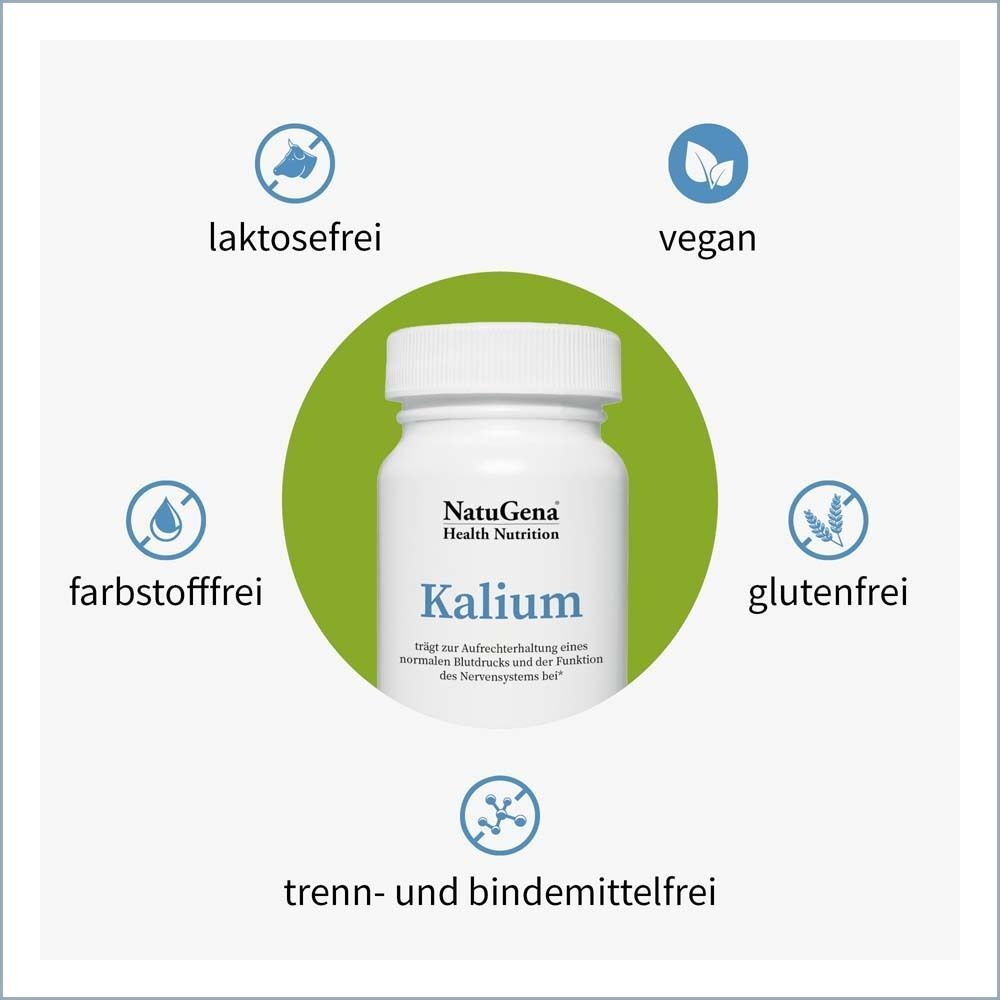 Weiße Flasche "Kalium" umgeben von Symbolen: laktosefrei, vegan, farbstofffrei, glutenfrei, trenn- und bindemittelfrei. NatuGena Health Nutrition.