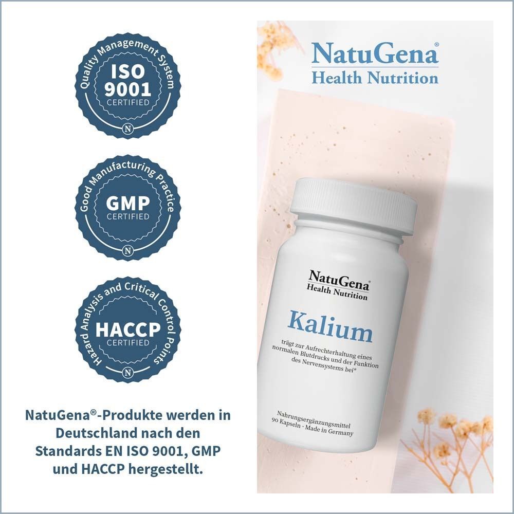 Weiße Flasche "Kalium" mit Zertifizierungen: ISO 9001, GMP, HACCP. Text: NatuGena®-Produkte werden in Deutschland nach den Standards hergestellt.