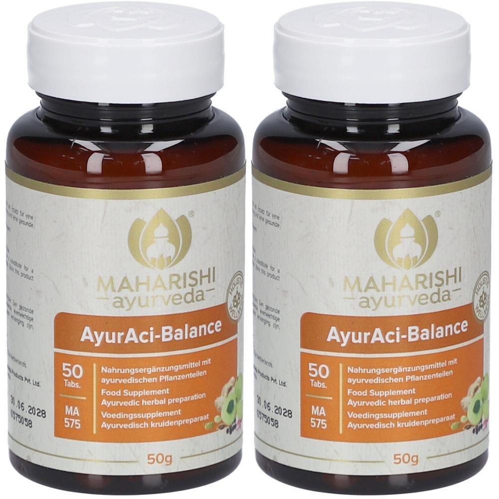 Zwei Flaschen Maharishi Ayurveda AyurAci-Balance, 50 Tabletten je 50g.