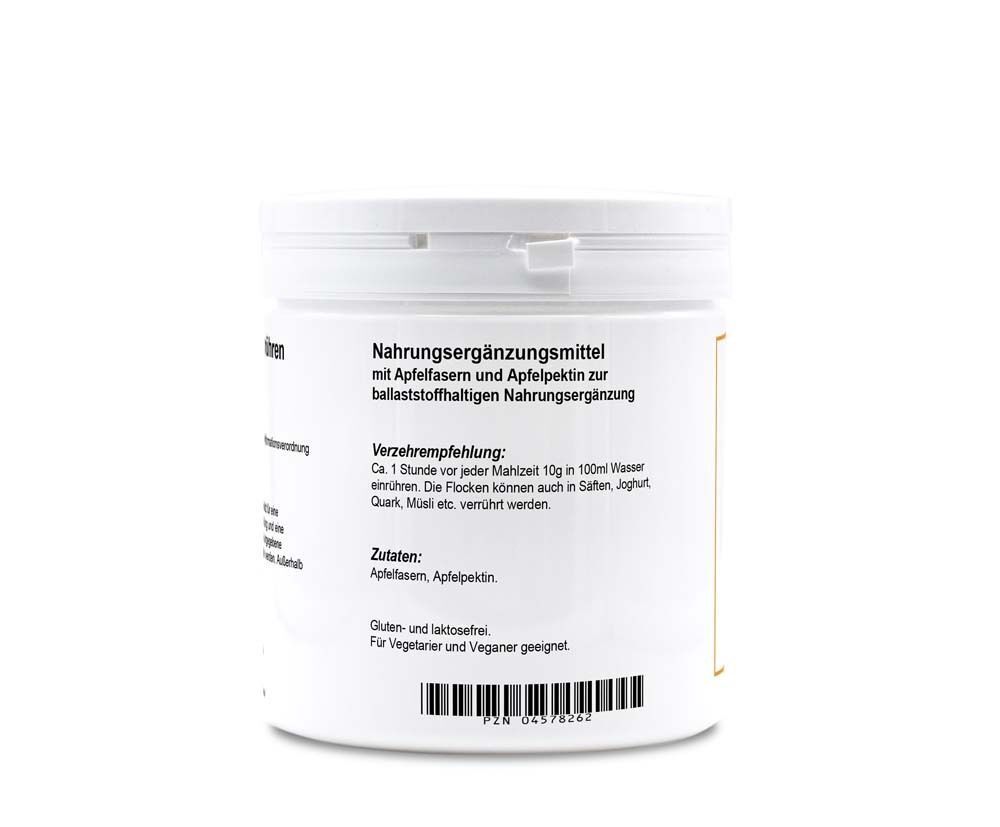 Rückseite einer weißen Dose. Text: Nahrungsergänzungsmittel mit Apfelfasern und Apfelpektin. Zutaten, Verzehrempfehlung.