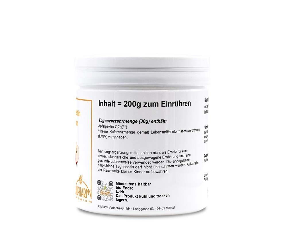 Rückseite einer weißen Dose. Text: Inhalt = 200g zum Einrühren. Tagesverzehrmenge (30g) enthält: Apfelpektin 7,2g.
