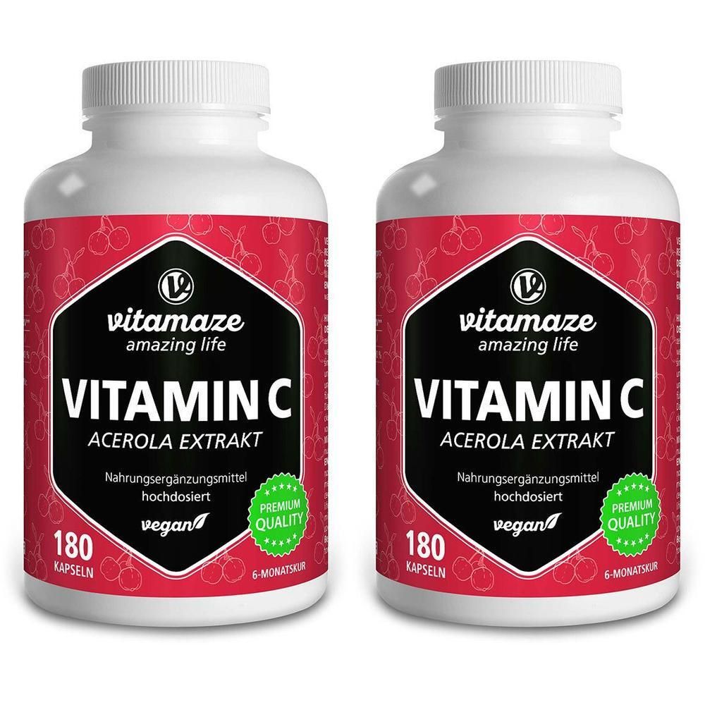 Zwei weiße Flaschen mit rotem Etikett. Aufschrift: Vitamin C, Acerola Extrakt, 180 Kapseln, vegan. Premium Quality Siegel.