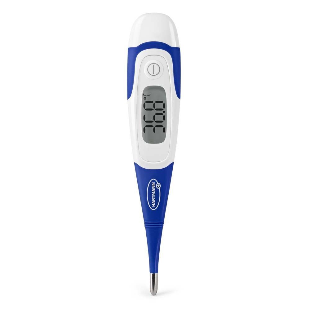 Digitales Fieberthermometer, weiß-blau. Digitalanzeige mit Temperatur 39,9°C. Knopf. Flexible Spitze.