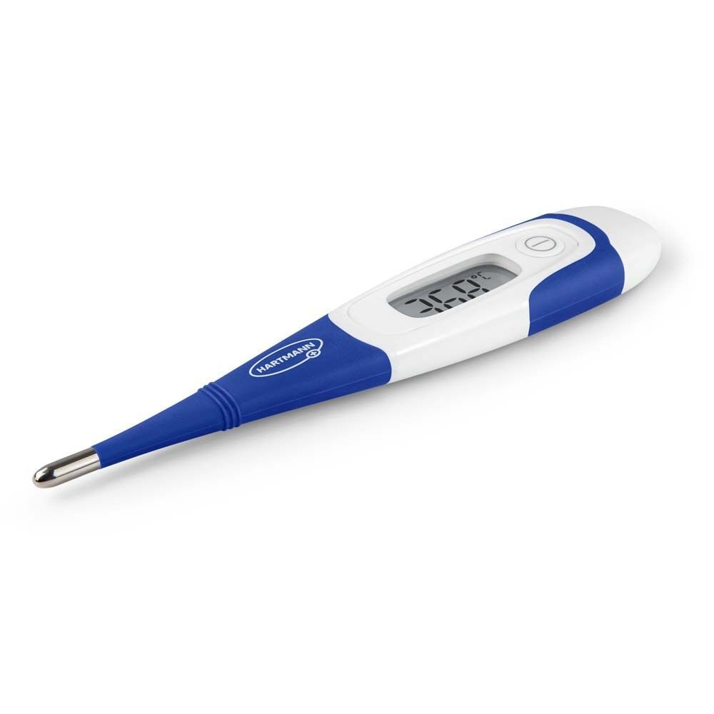 Digitales Fieberthermometer, weiß-blau. Digitalanzeige mit Temperatur 36,8°C. Flexible Spitze. Marke Hartmann.