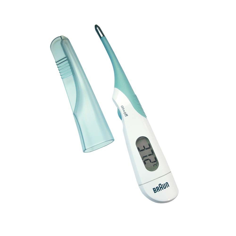 Digitales Thermometer mit Schutzhülle. Anzeige: 37,2. Marke Braun. Weißes Gehäuse, blauer Griff.