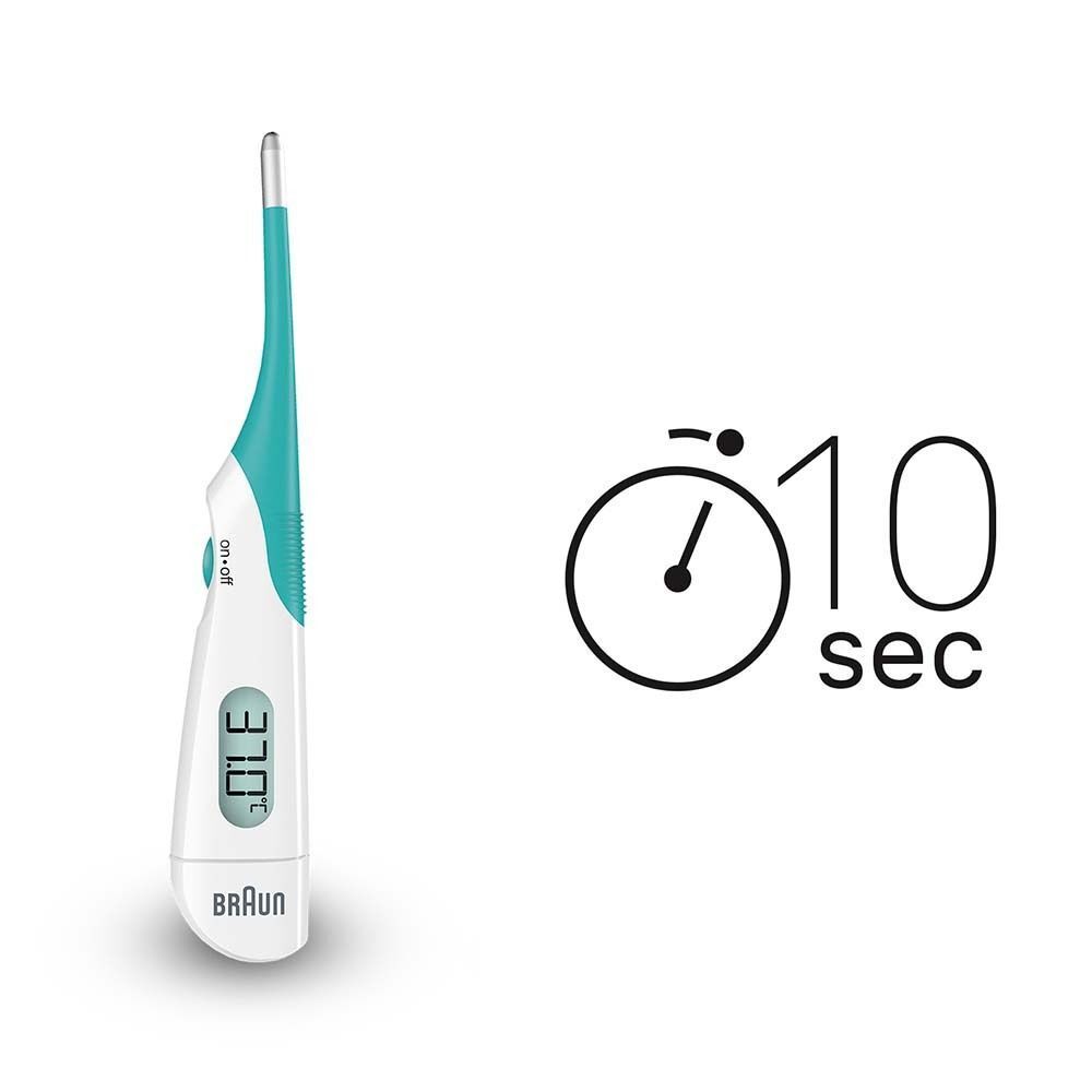 Digitales Thermometer. Anzeige: 37,0. Marke Braun. 10 Sekunden Messzeit. Weißes Gehäuse, blauer Griff.