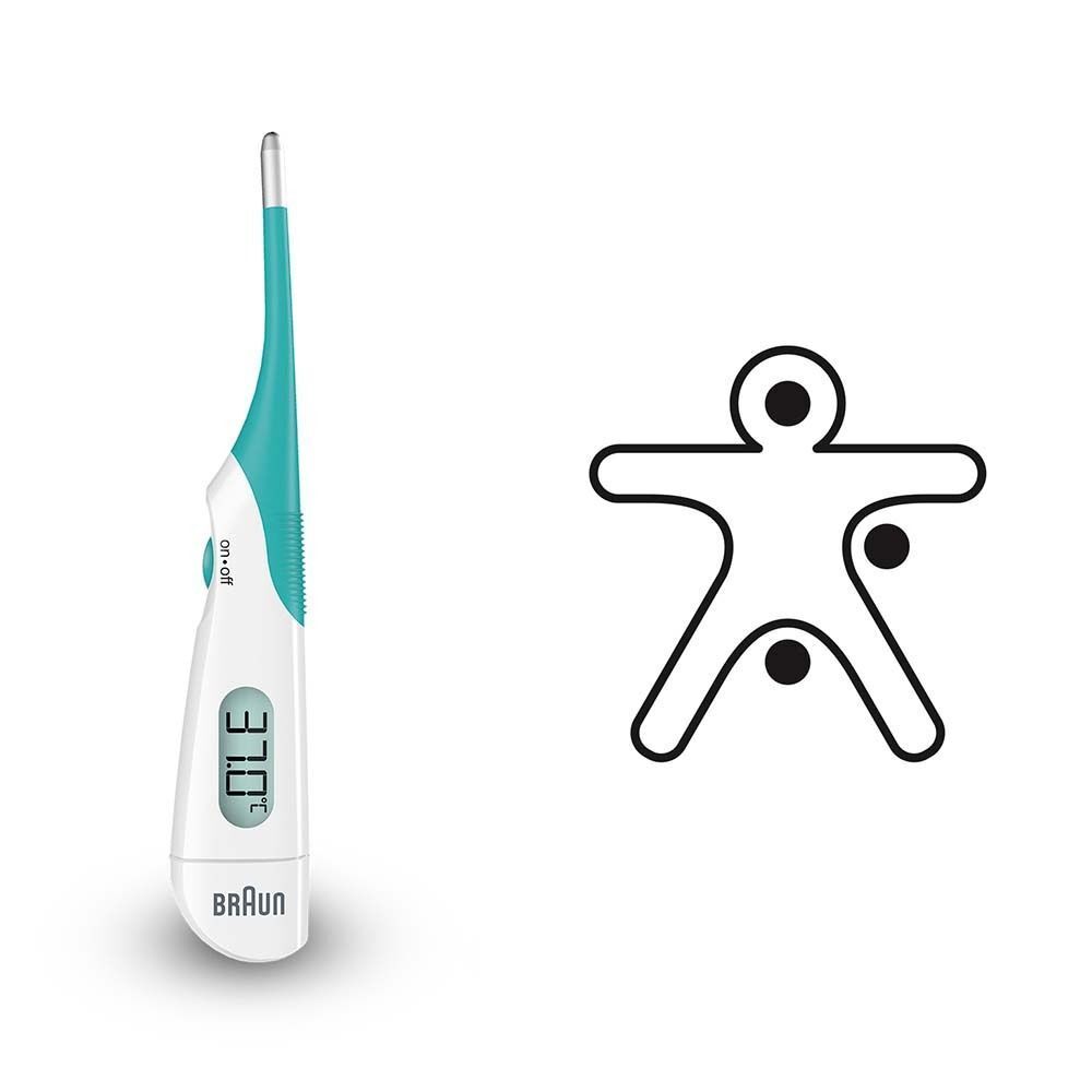 Digitales Thermometer. Anzeige: 37,0. Marke Braun. Weißes Gehäuse, blauer Griff. Abbildung Körpertemperaturmessung.