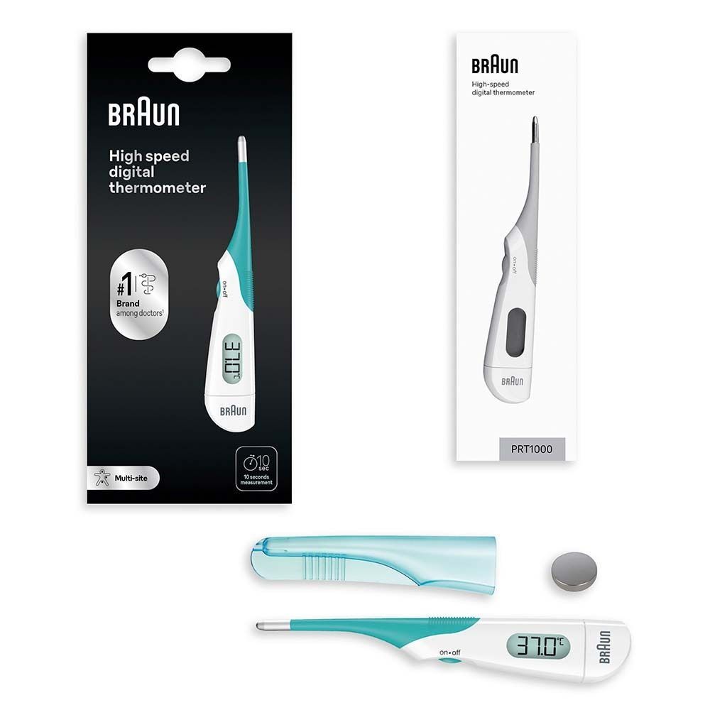 Digitales Thermometer, Verpackung und Zubehör. Marke Braun. Anzeige: 37,0. Weißes Gehäuse, blauer Griff.