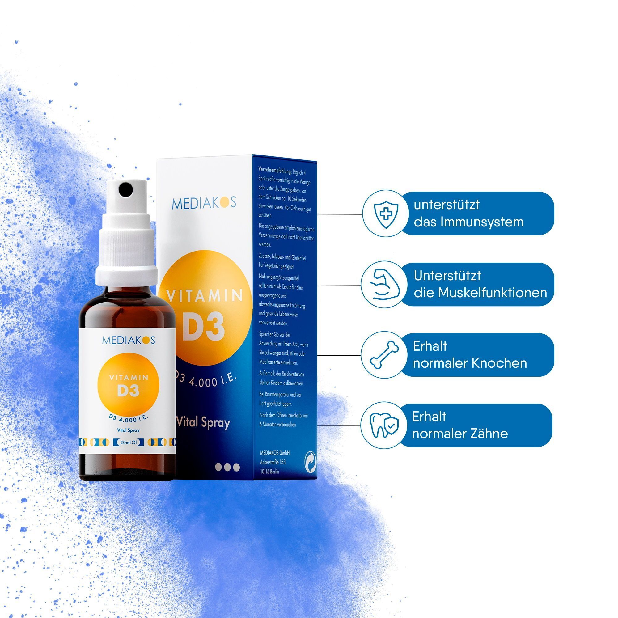 MEDIAKOS Vitamin D3 Vital Spray und Verpackung. Flasche mit gelbem Etikett. Text: Unterstützt Immunsystem, Muskelfunktionen, Knochen, Zähne.