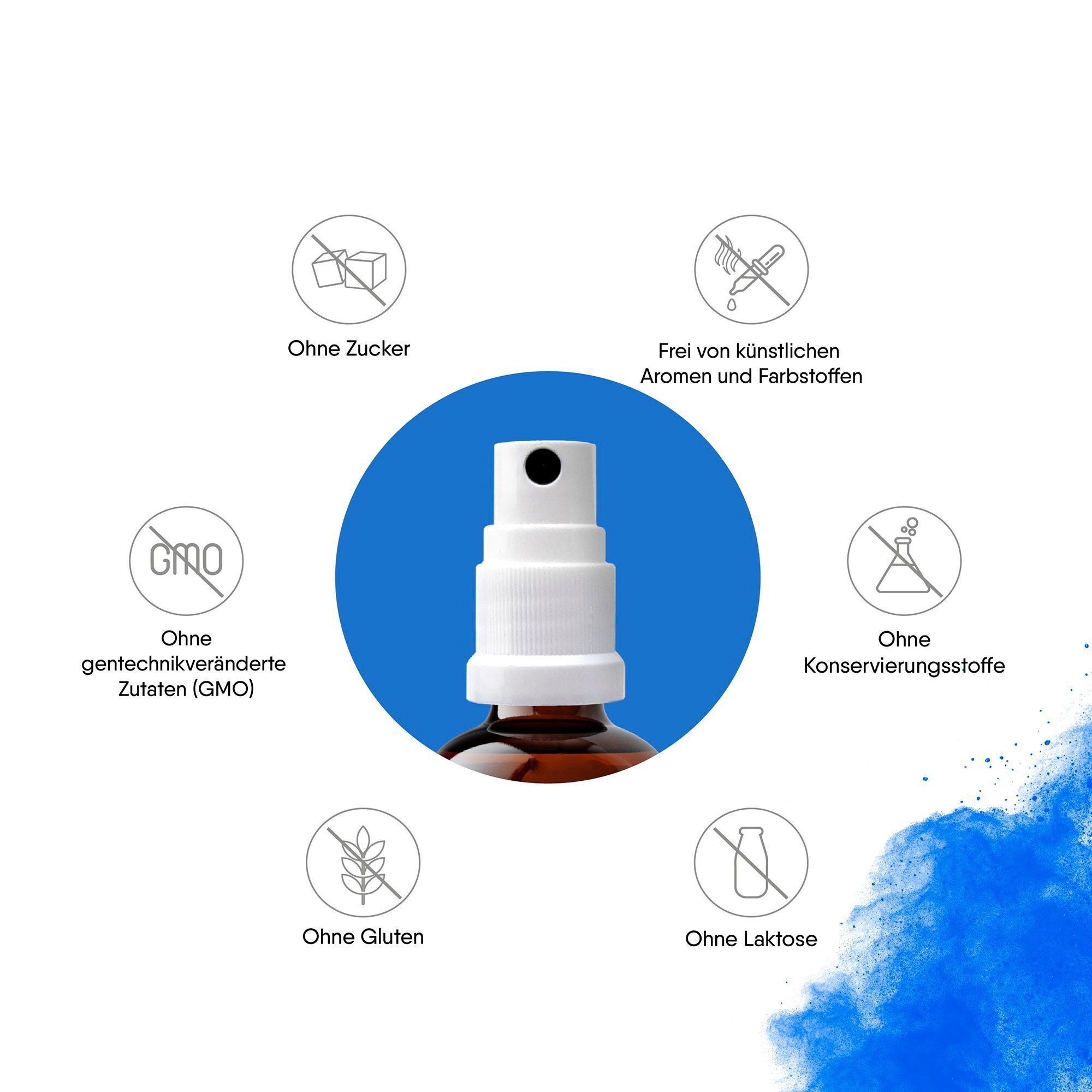 Nahaufnahme des Sprühkopfes von MEDIAKOS Vitamin D3 Vital Spray. Symbole: Ohne Zucker, GMO, Gluten, Laktose, Konservierungsstoffe, Aromen.