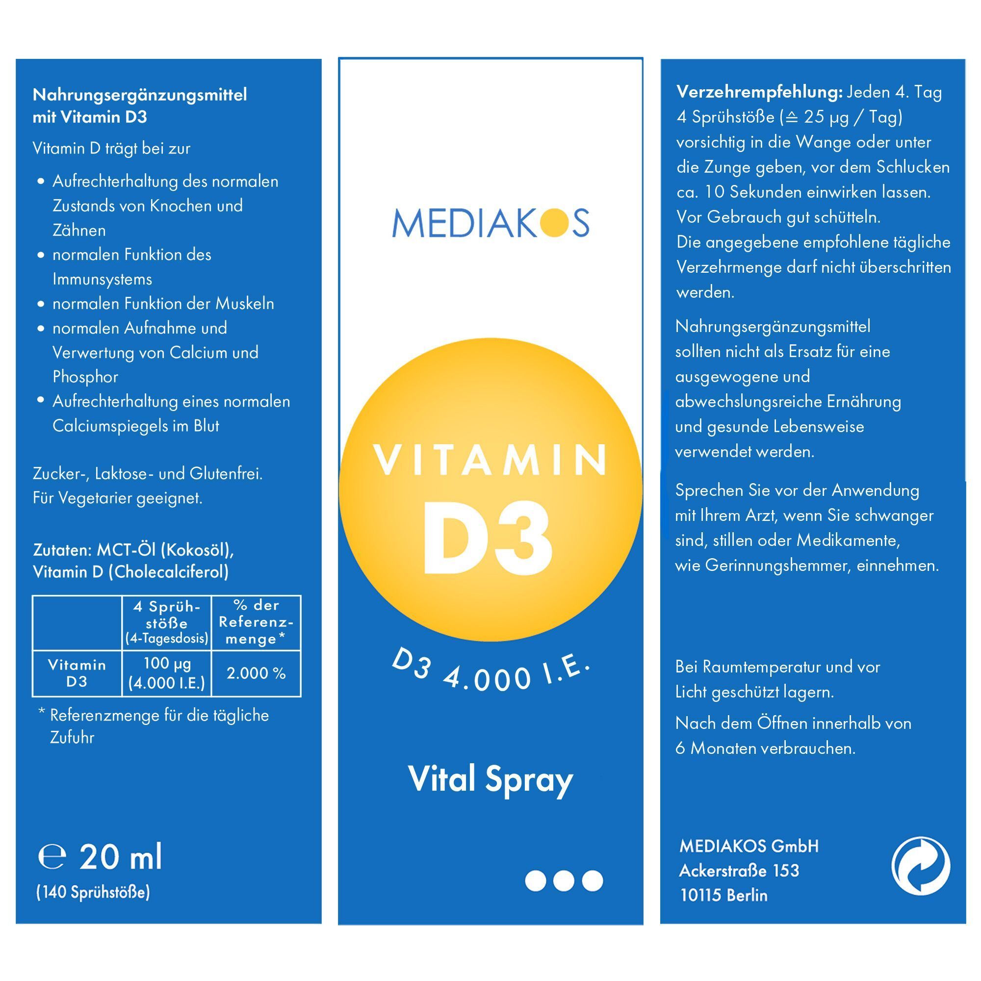 Rückseite der Verpackung von MEDIAKOS Vitamin D3 Vital Spray. Produktinformationen, Inhaltsstoffe, Dosierung und Herstellerangaben.