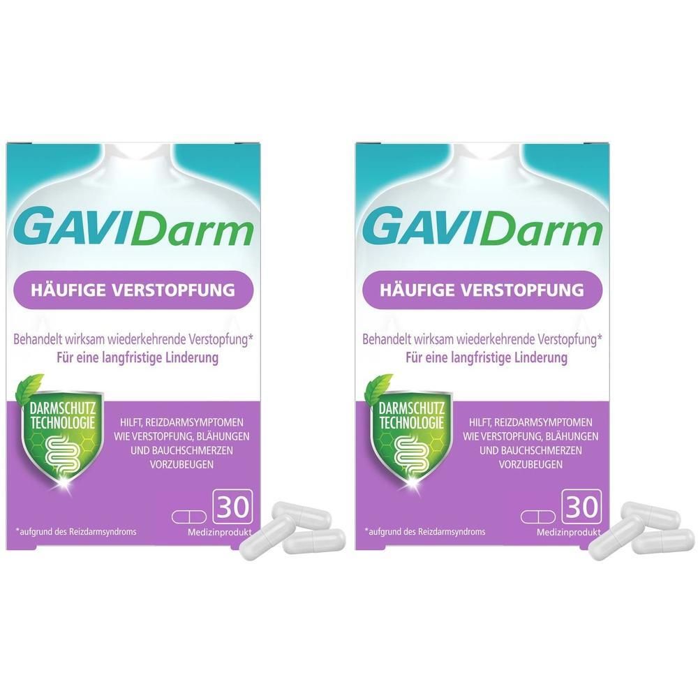 Zwei Packungen GAVIDarm Kapseln. Aufschrift: Häufige Verstopfung. 30 Kapseln pro Packung. Weiße Kapseln liegen daneben.
