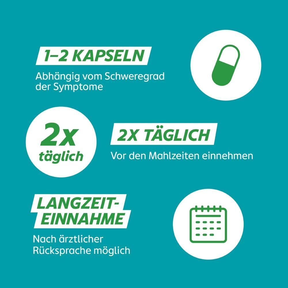 Grafik mit Anweisungen: 1-2 Kapseln, 2x täglich, Langzeiteinnahme. Symbole: Kapsel, Kalender.