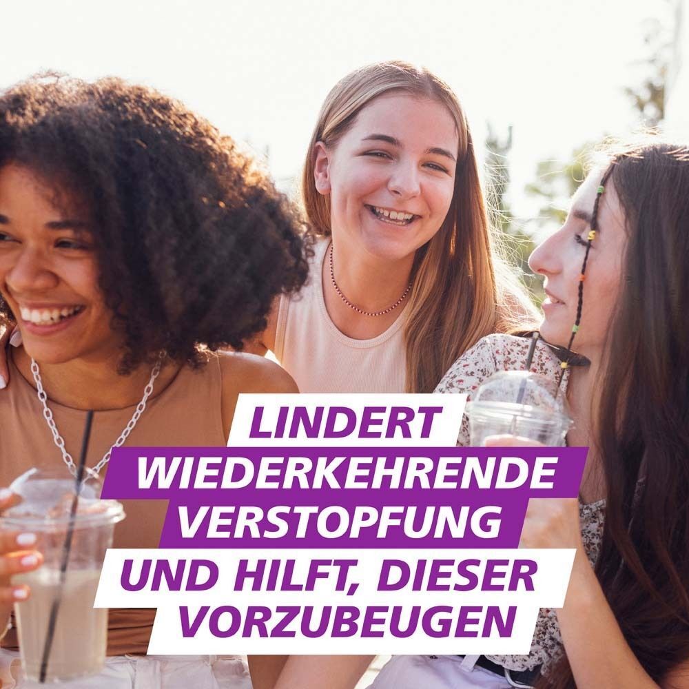 Drei lächelnde Frauen. Text: Lindert wiederkehrende Verstopfung und hilft, dieser vorzubeugen.
