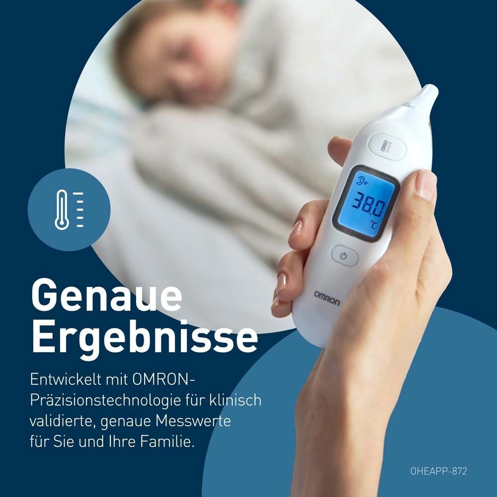 Hand hält OMRON Ohrthermometer. Display zeigt 38.0°C. Text: Genaue Ergebnisse. OMRON-Logo.