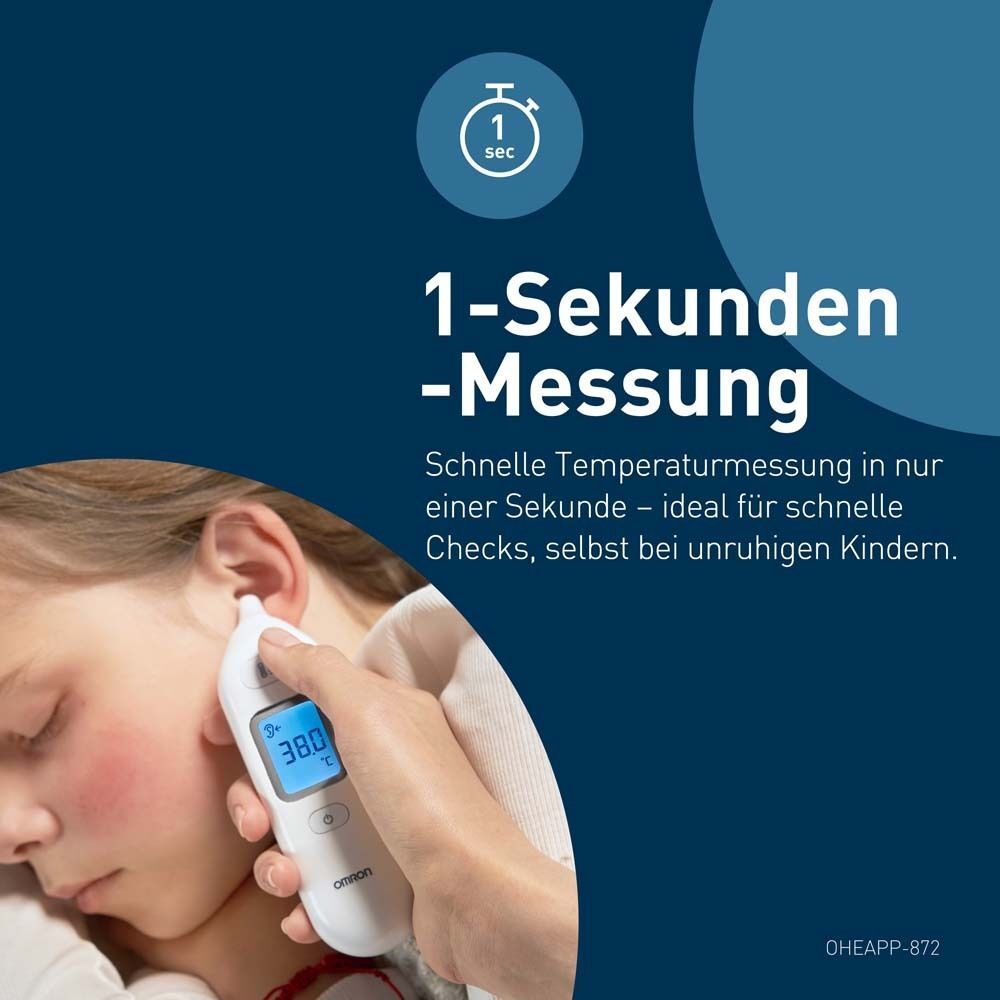 Ohrthermometer misst Temperatur am Ohr eines Kindes. Display zeigt 38.0°C. Text: 1-Sekunden-Messung.