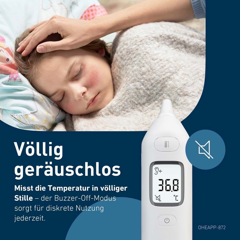 Ohrthermometer am Ohr eines Kindes. Display zeigt 36.8°C. Text: Völlig geräuschlos. Stille-Symbol.
