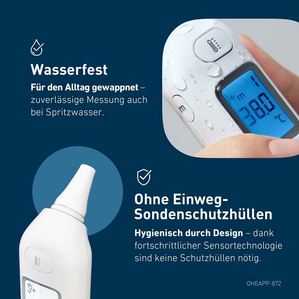 Nahaufnahme des Ohrthermometers. Text: Wasserfest, ohne Sondenschutzhüllen. Wasser- und Schutz-Symbole.
