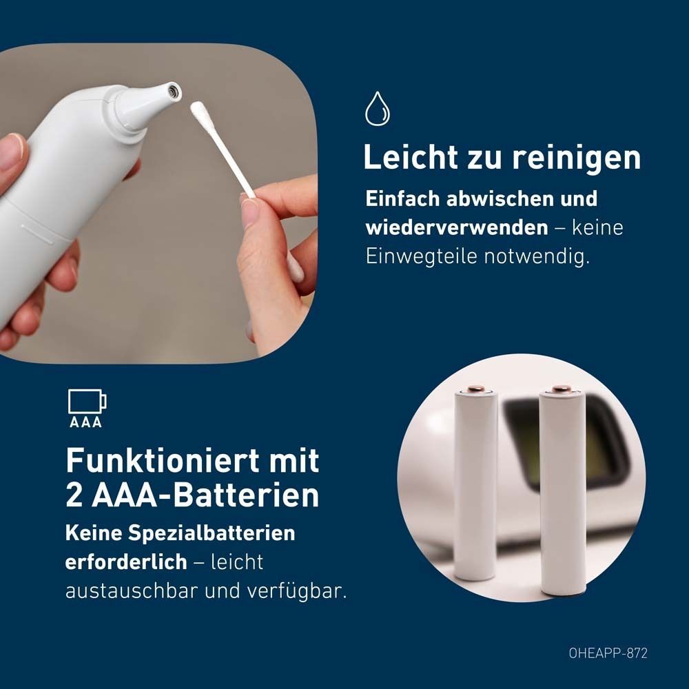 Ohrthermometer mit Reinigungsstab und Batterien. Text: Leicht zu reinigen, funktioniert mit 2 AAA-Batterien.