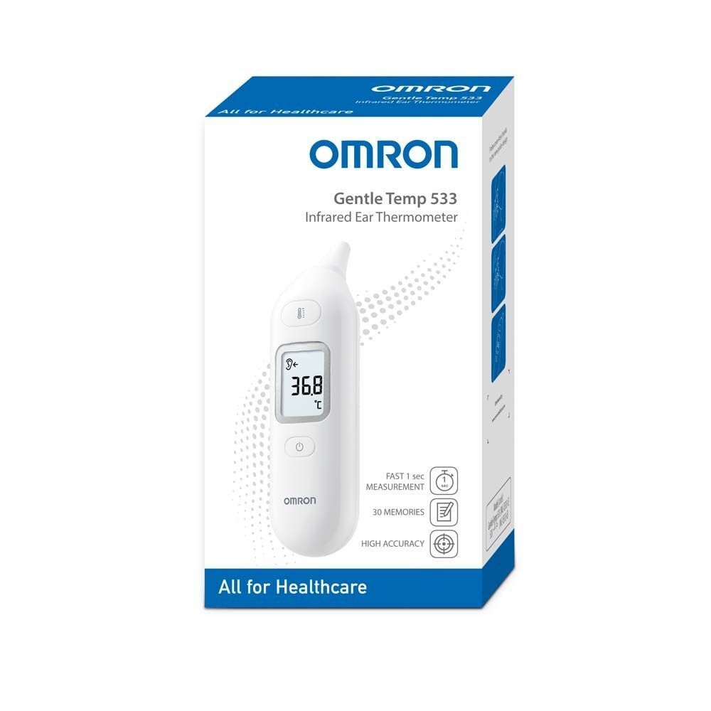 OMRON Gentle Temp 533 Verpackung. Weißes Thermometer auf der Verpackung abgebildet. Text: All for Healthcare.