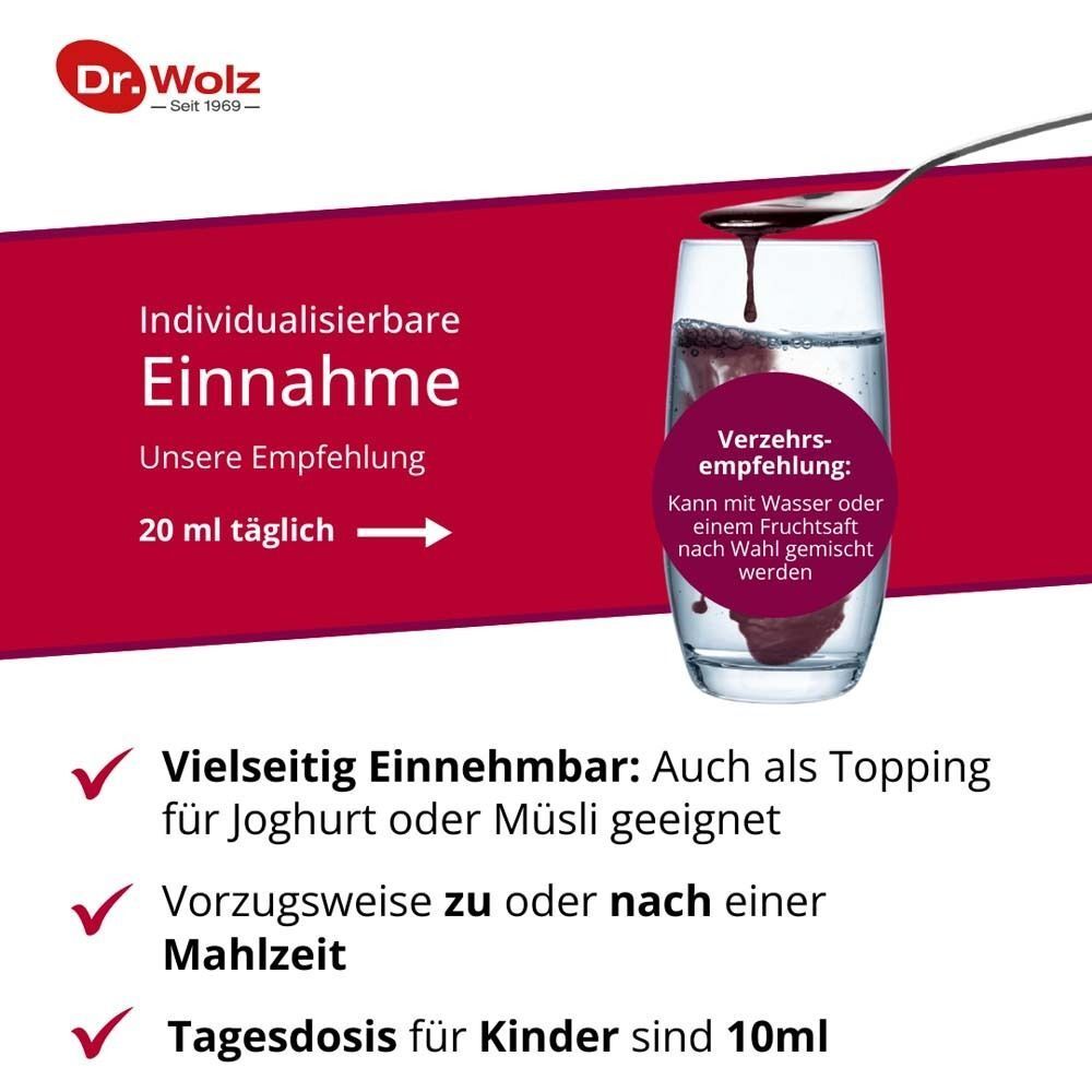 Individuelle Einnahme von Vitalkomplex Dr. Wolz: 20 ml täglich, pur oder mit Wasser/Fruchtsaft.