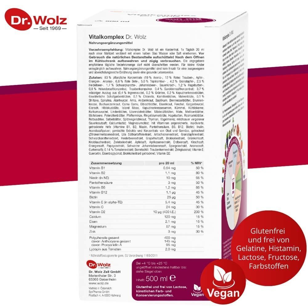 Rückseite der Vitalkomplex Dr. Wolz Flasche: Nährwertangaben, vegan, glutenfrei, ohne Farbstoffe.