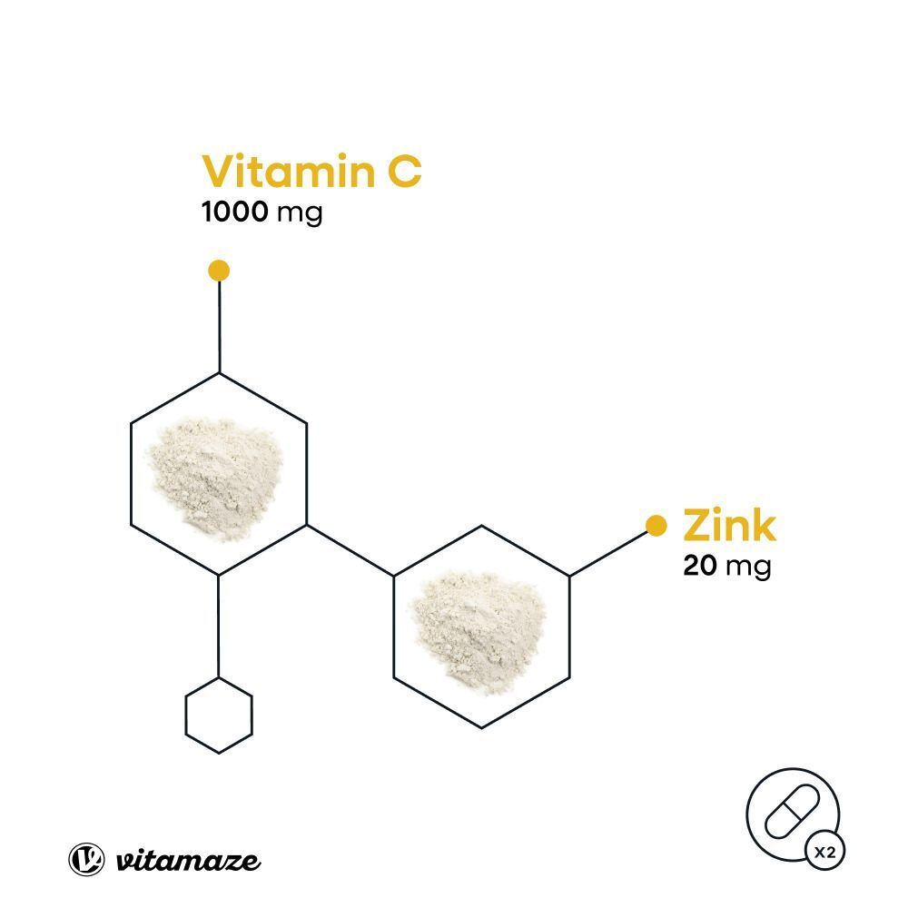Grafische Darstellung von Vitamin C und Zink. Vitamin C: 1000 mg. Zink: 20 mg. Zwei weiße Pulver in sechseckigen Formen.