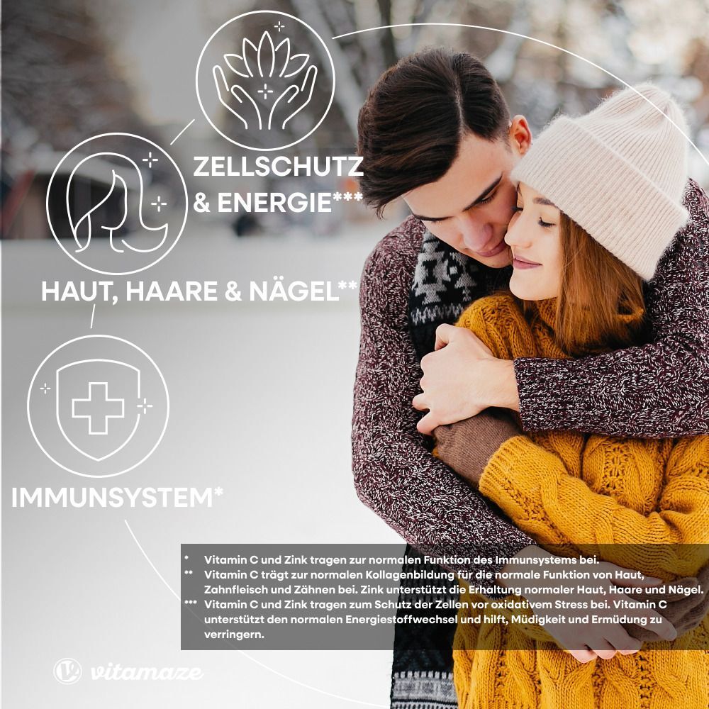 Paar umarmt sich. Text: Zellschutz & Energie, Haut, Haare & Nägel, Immunsystem. Text über die Wirkung von Vitamin C und Zink.