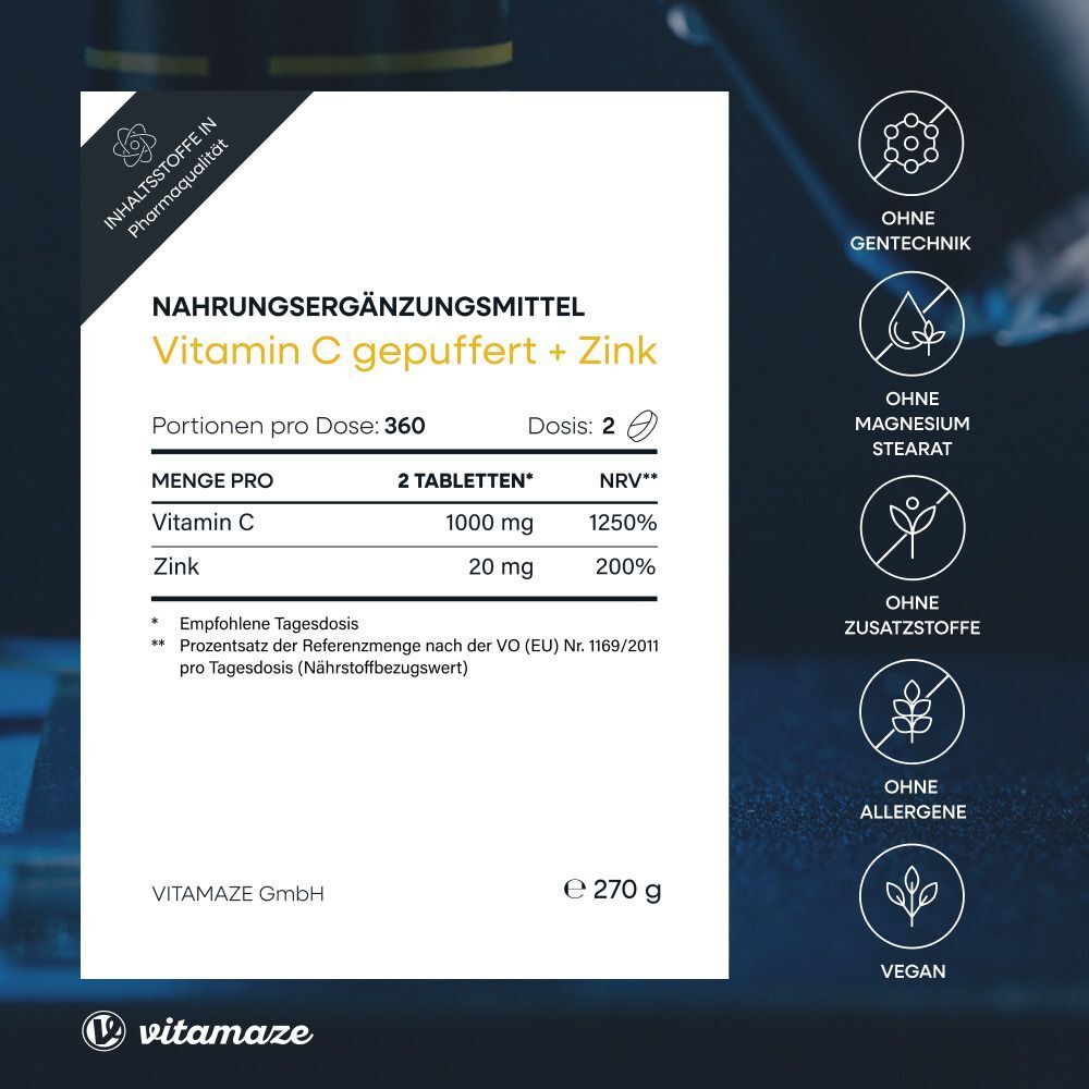 Nahrungsergänzungsmittel VITAMIN C gepuffert + Zink. Tabelle mit Inhaltsstoffen: Vitamin C 1000 mg, Zink 20 mg. Ohne Gentechnik, Magnesiumstearat, Zusatzstoffe, Allergene.