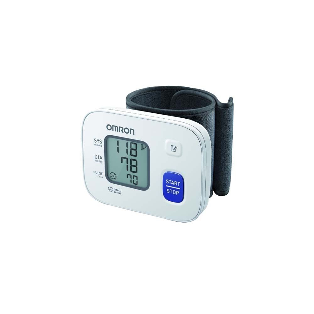 Weißes OMRON RS2 Handgelenk-Blutdruckmessgerät mit Display. Schwarze Manschette. Blaue Start/Stopp-Taste. Zeigt Messwerte an.